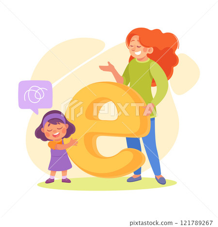 Speech with Teacher Explaining Alphabet to Little Girl Vector Illustration 121789267