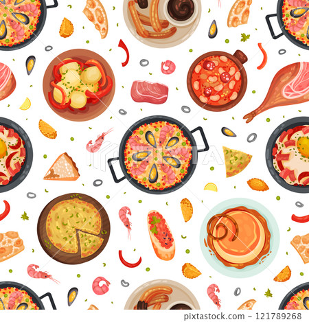 Spanish Dish and Food Seamless Pattern with Traditional Meal Vector Template 121789268