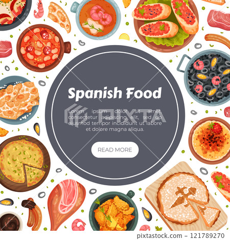 Spanish Dish and Food Banner Design with Traditional Meal Vector Template 121789270