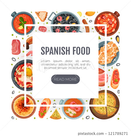 Spanish Dish and Food Banner Design with Traditional Meal Vector Template 121789271