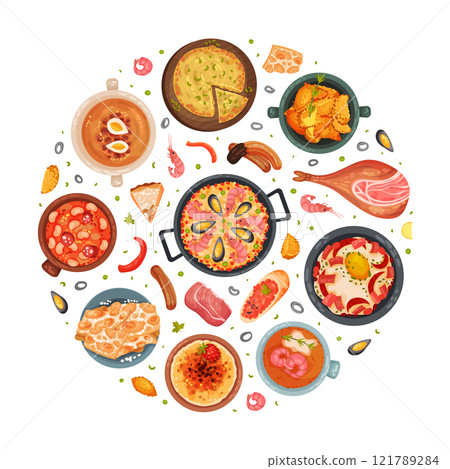 Spanish Dish and Food Round Composition with Traditional Meal Vector Template 121789284