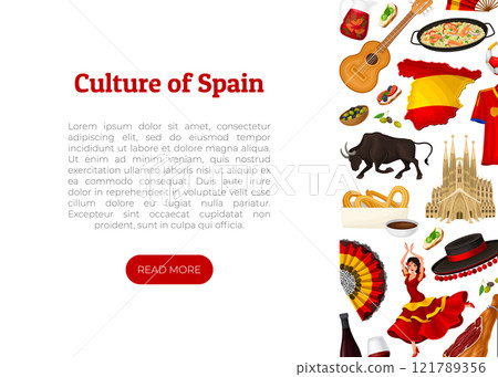 Spain Banner Design with Traditional Symbol and Object Vector Template 121789356