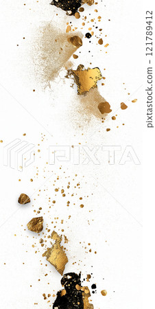 Gold and black paint splattering on white canvas background. Sprinkled gold 121789412