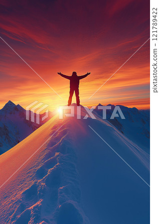 Hiker celebrating reaching snowy mountain peak at sunset 121789422