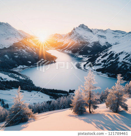 Majestic winter sunrise illuminating snowy mountains and serene alpine lake with cozy chalet Majestic winter sunrise illuminating snowy mountains and serene alpine lake with cozy chalet 121789461