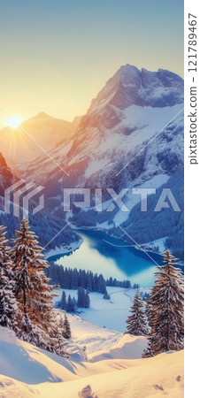 Majestic winter sunrise illuminating snowy mountains and serene alpine lake with cozy chalet Majestic winter sunrise illuminating snowy mountains and serene alpine lake with cozy chalet 121789467