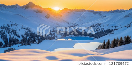 Majestic winter sunrise illuminating snowy mountains and serene alpine lake with cozy chalet Majestic winter sunrise illuminating snowy mountains and serene alpine lake with cozy chalet 121789472