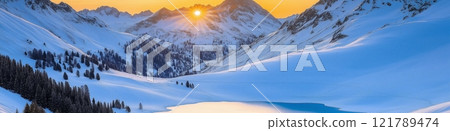 Majestic winter sunrise illuminating snowy mountains and serene alpine lake with cozy chalet Majestic winter sunrise illuminating snowy mountains and serene alpine lake with cozy chalet 121789474