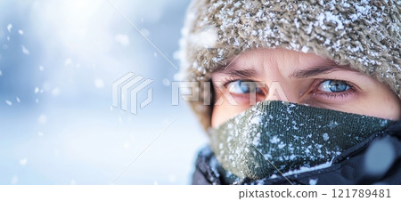 Woman wearing winter clothes protecting herself from snowfall 121789481