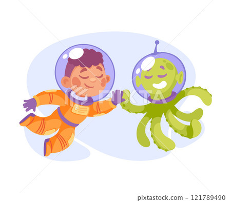 Girl Astronaut Character with Alien in Outer Space Exploring Universe Vector Illustration Girl Astronaut Character with Alien in Outer Space Exploring Universe Vector Illustration 121789490