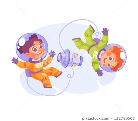 Boy and Girl Astronaut Character in Outer Space Exploring Universe Vector Illustration 121789508