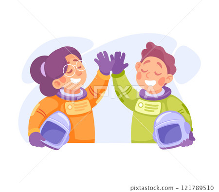 Boy and Girl Astronaut Character in Outer Space Exploring Universe Vector Illustration Boy and Girl Astronaut Character in Outer Space Exploring Universe Vector Illustration 121789510