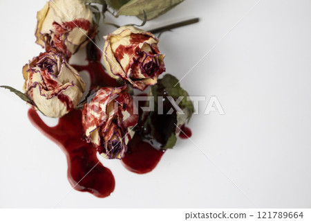 A Bloody dead buds of rose with blood on a white background. Dry flowers of the rose. A Bloody dead buds of rose with blood on a white background. Dry flowers of the rose. 121789664