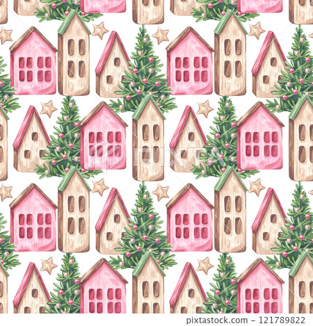 Wooden little house with Christmas trees seamless pattern. Cottage with red green sloping roof for gnome or elf. New year. Hand drawn watercolor illustration background. Textile, print, wrapping paper 121789822