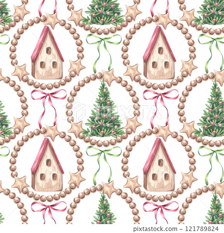 Wooden little house with Christmas trees seamless pattern. Cottage with red green sloping roof for gnome or elf. New year. Hand drawn watercolor illustration background. Textile, print, wrapping paper Wooden little house with Christmas trees seamless pattern. Cottage with red green sloping roof for gnome or elf. New year. Hand drawn watercolor illustration background. Textile, print, wrapping paper 121789824