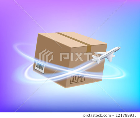 Airplane flies around cardboard box. 121789933