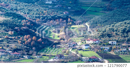 Panoramic view over Berat and natural surroundings in Berat, Albania Panoramic view over Berat and natural surroundings in Berat, Albania 121790077
