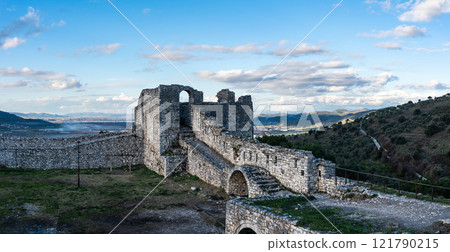 Defensive wall and mountain landscape at the castle of Berat, Albania Defensive wall and mountain landscape at the castle of Berat, Albania 121790215