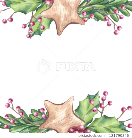 Christmas square frame branch forest fir pine with wooden star, holly red berries, ilex twig. Botanical floral composition. New Year symbols. Hand draw watercolor illustration isolated background Christmas square frame branch forest fir pine with wooden star, holly red berries, ilex twig. Botanical floral composition. New Year symbols. Hand draw watercolor illustration isolated background 121790246