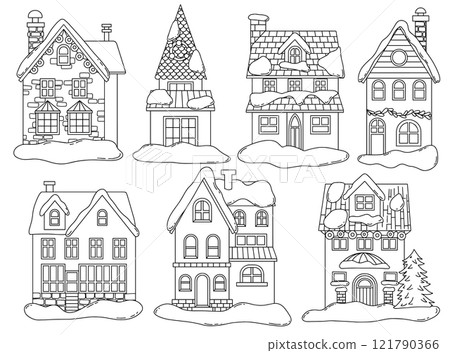 Coloring book for adults, set of cute Christmas houses. vector illustration in doodle style. Coloring book for adults, set of cute Christmas houses. vector illustration in doodle style. 121790366