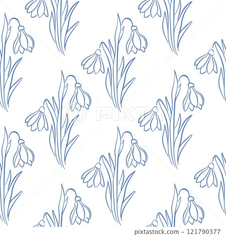 Snowdrops flower on white background seamless pattern in line art style. Floral print for spring design, wallpaper, postcard. 121790377
