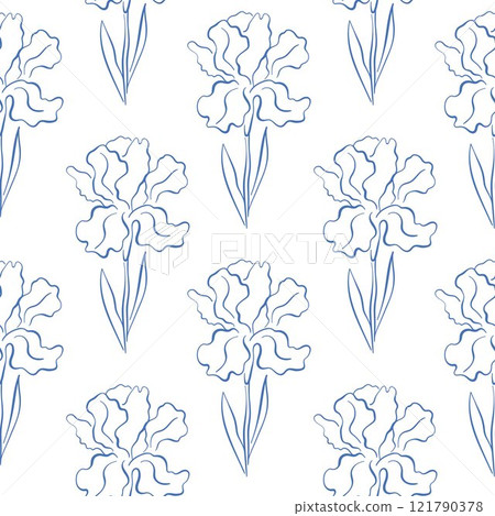 Elegant seamless line art pattern with iris flowers and leaves in a minimalistic style. Ideal for textile design, wallpaper, packaging and spring background. Elegant seamless line art pattern with iris flowers and leaves in a minimalistic style. Ideal for textile design, wallpaper, packaging and spring background. 121790378