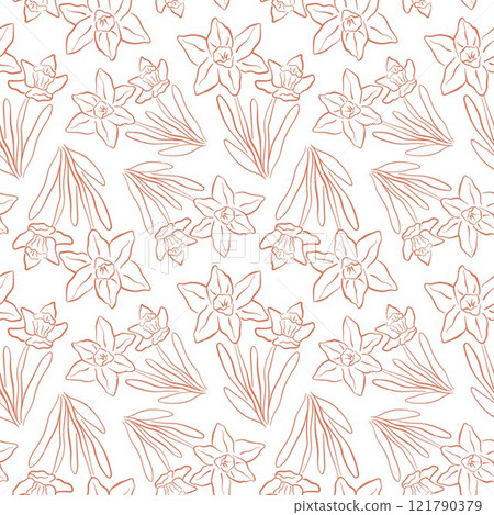 Seamless line pattern with daffodil flowers and leaves in a line art style. Perfect for spring themed design, textile, wallpaper and background. Seamless line pattern with daffodil flowers and leaves in a line art style. Perfect for spring themed design, textile, wallpaper and background. 121790379