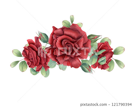 Red rose flowers and eucalyptus branch watercolor illustration. Three garden flower heads, buds among green exotic leaves. For birthday greeting cards, invitation design, wedding concept, memorial day Red rose flowers and eucalyptus branch watercolor illustration. Three garden flower heads, buds among green exotic leaves. For birthday greeting cards, invitation design, wedding concept, memorial day 121790394