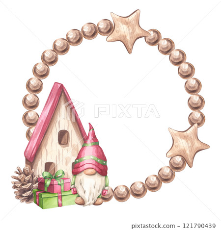 Christmas round wreath frame. Gnome elf boy, branch forest fir with wooden house, home, gifts, pine cone. Botanical floral composition. New Year. Hand draw watercolor illustration isolated background Christmas round wreath frame. Gnome elf boy, branch forest fir with wooden house, home, gifts, pine cone. Botanical floral composition. New Year. Hand draw watercolor illustration isolated background 121790439