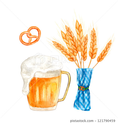 Set of elements: beer, malt, pretzel, blue napkin, digital watercolor illustration. Set of elements: beer, malt, pretzel, blue napkin, digital watercolor illustration. 121790459