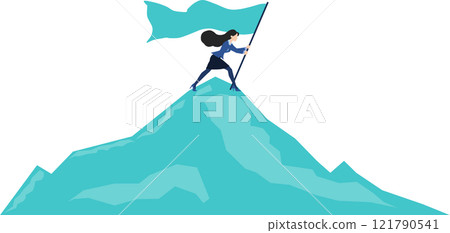 Illustration of a businesswoman holding a flag on top of a mountain Illustration of a businesswoman holding a flag on top of a mountain 121790541