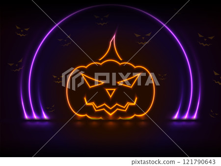 Orange neon Halloween pumpkin and violet laser rings abstract holiday background Orange neon Halloween pumpkin and violet laser rings abstract holiday background 121790643