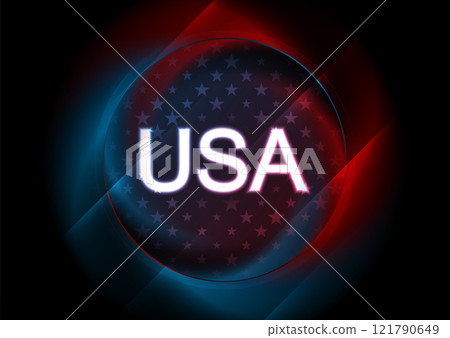 Glowing white inscription of the USA on dark starry red and blue background Glowing white inscription of the USA on dark starry red and blue background 121790649