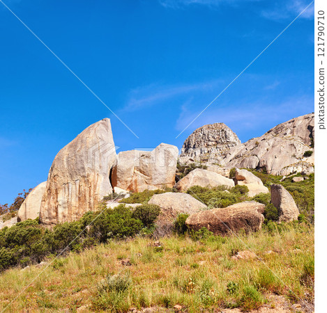 Big rocks in between bushes against a clear blue sky with copy space. Wild nature landscape of large stones with plants and uncultivated shrubs growing on a rocky mountain in an eco environment 121790710