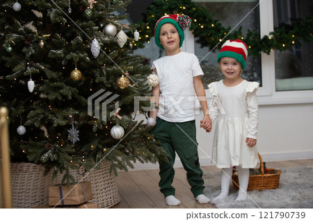 Cute children brother and sister at Christmas. A boy and a girl in Santa Claus hats are waiting for Christmas gifts at home. 121790739