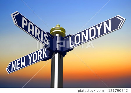 London, Paris, New York - signpost with three arrows - 3D illustration 121790842