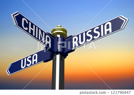 Usa, Russia and China - signpost with three arrows - 3D illustration Usa, Russia and China - signpost with three arrows - 3D illustration 121790847
