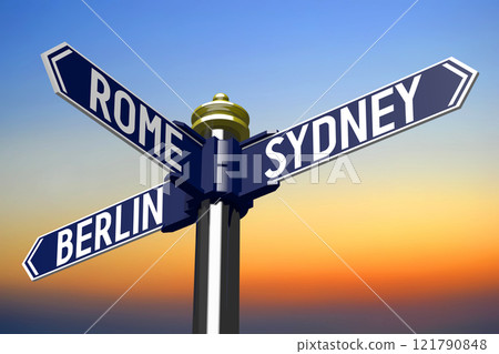 Captal cities - signpost with three arrows - 3D illustration Captal cities - signpost with three arrows - 3D illustration 121790848