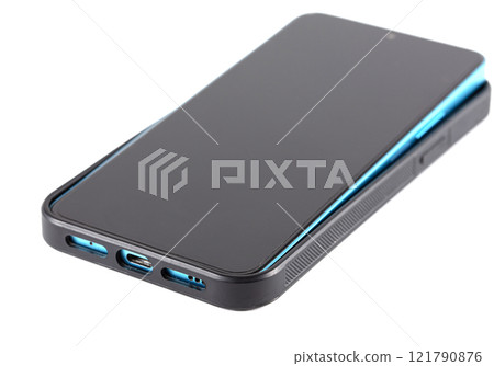 The smartphone case is black leather on a white background. 121790876