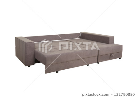 Beige unfolded sofa made of velor fabric isolated on a white background. Cushioned furniture. 121790880