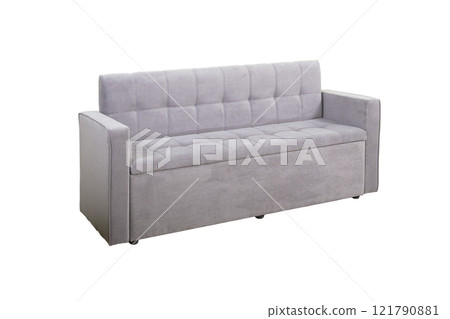 Gray sofa with velor fabric pillows isolated on a white background. Cushioned furniture. Gray sofa with velor fabric pillows isolated on a white background. Cushioned furniture. 121790881