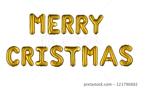 An inscription made of gold inflatable letters Merry Christmas. 121790882