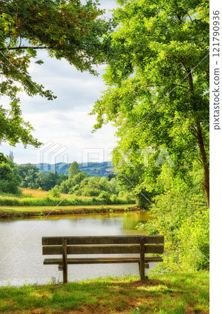 Park bench overlooking the view by the lake in the countryside. Scenic view of trees and greenery by a river with an empty public bench in summer. Landscape view of an idyllic natural environment Park bench overlooking the view by the lake in the countryside. Scenic view of trees and greenery by a river with an empty public bench in summer. Landscape view of an idyllic natural environment 121790936