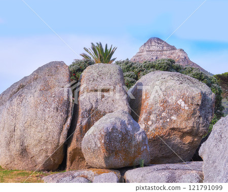 Big sedimentary rocks in front of flower trees and plants in nature on a sunny day in Spring or Summer. Scenic view of stone wall on grass with a mountain top or peak and blue sky in the background. 121791099