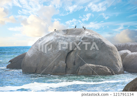Scenic view of a beach with rocks or boulders and sea water. The landscape of a rocky coastline in spring. A big rock in the middle of the ocean with birds on it and blue sky background in summer. 121791134