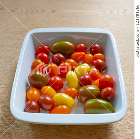 Closeup of cherry tomatoes ready to cook in a kitchen from Juicy red, yellow and green tomato in a bowl at a restaurant. A superfood that will be added to a healthy, nutritious meal for health 121791260