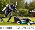 “修剪草坪感覺就像一次冒險！使用潛水設備在花園里工作” 121791375