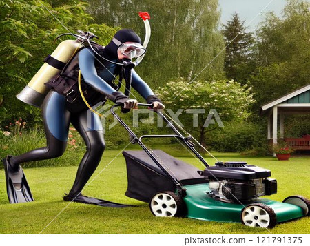 “修剪草坪感覺就像一次冒險！使用潛水設備在花園里工作” 121791375