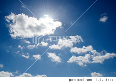 Copy space with altocumulus clouds in a clear blue sky from below. Beautiful panoramic of fluffy white cloudscape background for cool climate and season of sunny weather in the atmosphere outdoors 121791545