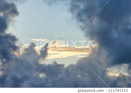 Copy space with dark clouds on a sunny day with a bright blue sky. Quiet landscape and peaceful cloudscape wallpaper with sunshine in nature. Beautiful scenery of heaven with cloudy weather outside Copy space with dark clouds on a sunny day with a bright blue sky. Quiet landscape and peaceful cloudscape wallpaper with sunshine in nature. Beautiful scenery of heaven with cloudy weather outside 121791553